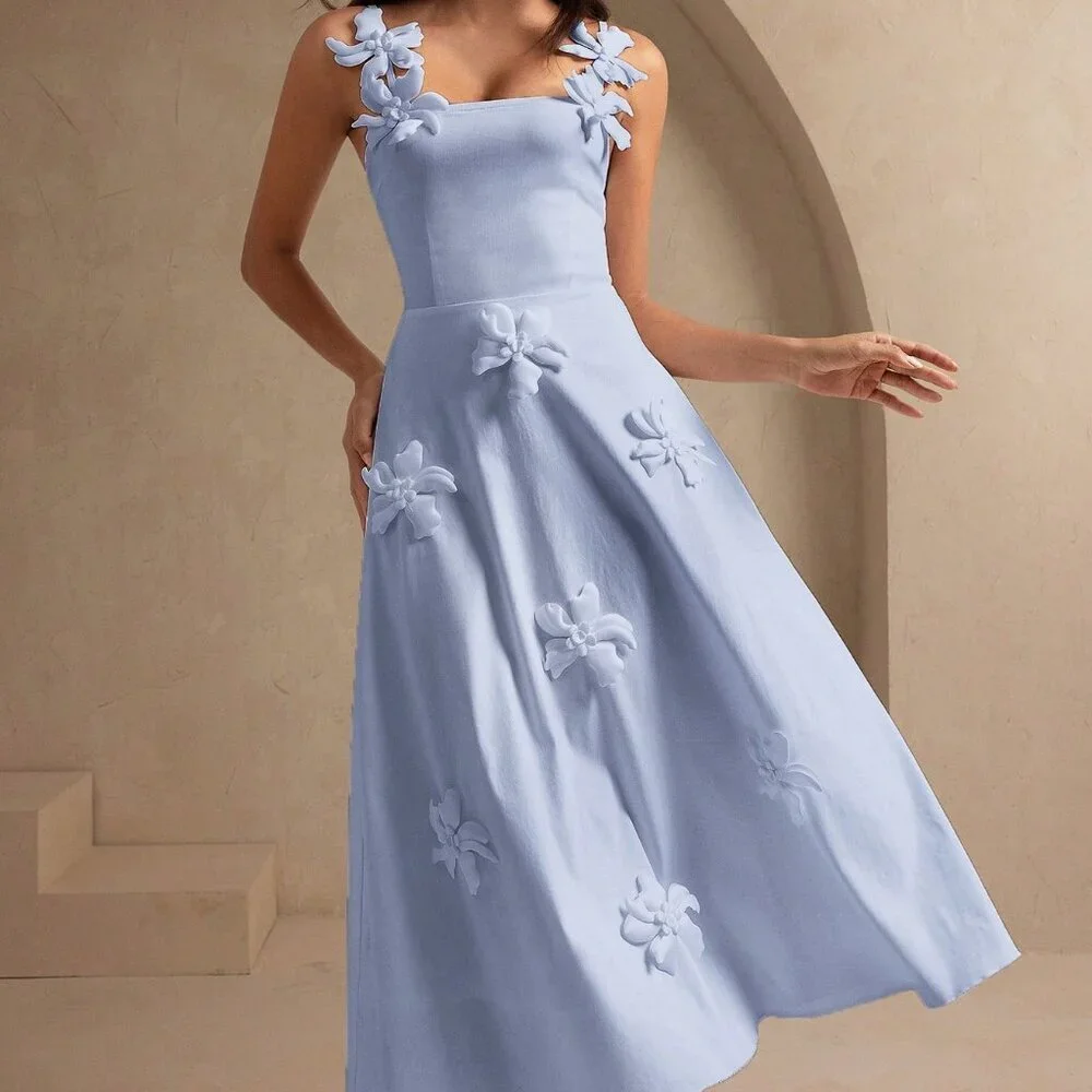 Dusty Blue Elegant Women's 3d Flower maxi dress - Picture 6 of 8